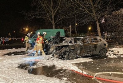 Sieben Fahrzeuge stehen auf Parkplatz in Flammen - Auf einem Parkplatz in Dresden standen um Mitternacht sieben Fahrzeuge in Flammen. Foto: Roland Halkasch