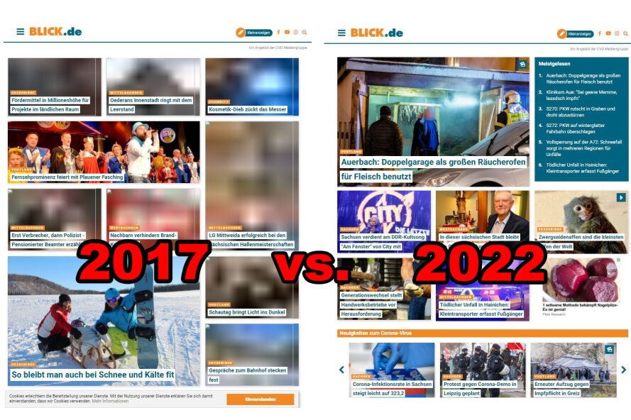 So hat sich Blick.de verändert. Links seht ihr das Layout aus dem Januar 2017 und rechts unsere heutige Webseite. 