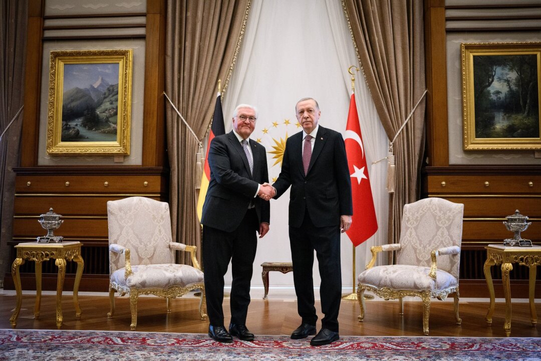 Steinmeier in Ankara mit Erdogan zusammengetroffen - Handschlag in Ankara: Bundespräsident Frank-Walter Steinmeier (l) und der türkische Präsident Recep Tayyip Erdogan.