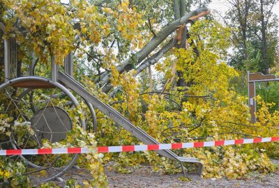 Sturmschäden in Leipziger Parks und Wäldern: Auch Spielplätze gesperrt - Sturmschäden auf einem Spielplatz im Leipziger Stünzer Park. Foto: Anke Brod
