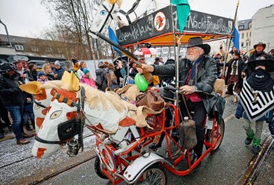 Tausende Vogtländer beim 27. Plauener Karnevalsumzug dabei - Ein Hingucker war auch die Narrenabordnung aus Rehau. Foto: Thomas Voigt