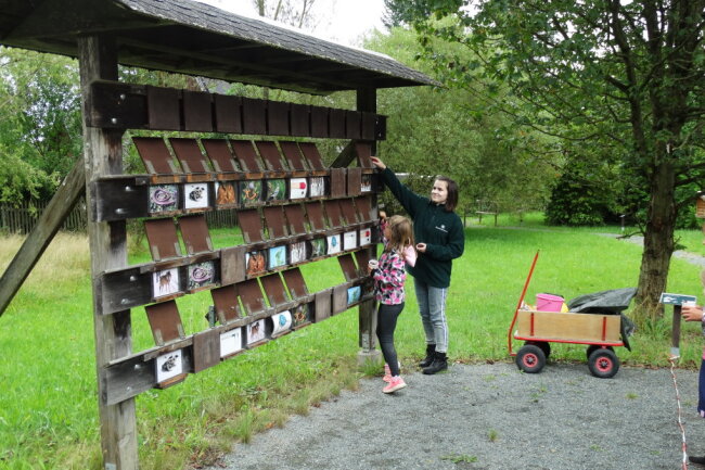 Der Walderlebnisgarten Eich in Treuen bietet für Groß und Klein eine Menge zu entdecken. Im Foto: FÖJ-lerin Sandra Huckle ist beim Aufdecken der Memory-Karten behilflich.