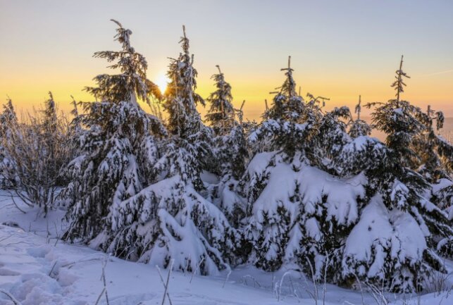Traumhafter Wintersonnenuntergang auf dem Fichtelberg - Eisige Schönheit rund um den Fichtelberg. Foto: Bernd März