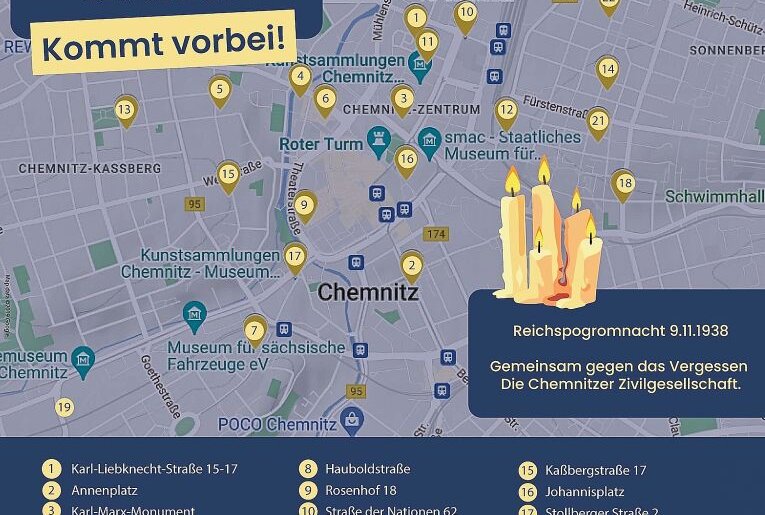 TU Chemnitz setzt "Lichtpunkt" gegen das Vergessen - Alle Lichtpunkte sind auf dieser Übersichtskarte verzeichnet. Foto: Pressestelle Chemnitz