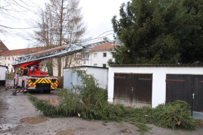 In Aue musste die Feuerwehr ran. Ein Baum stürzte auf mehrere Garagen