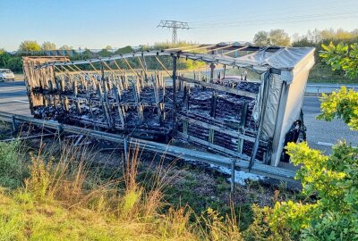 Unbekannte Ursache: LKW brennt auf A72 vollständig aus - Ein LKW brannte auf der A72 heute Morgen völlig aus. Foto: Harry Härtel