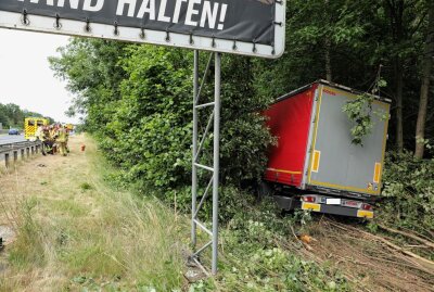 Unfall auf A4 bei Siebenlehn: LKW kommt von Fahrbahn ab - Aus noch ungeklärter Ursache kam ein LKW von der Fahrbahn ab und fuhr in den Zellwald und blieb dann an einem Wildzaun stehen. Foto: Roland Halkasch