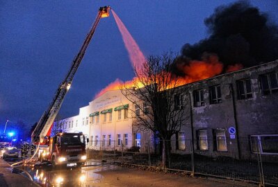 Update zum Großbrand in Naunhof: Brandstiftung gilt als wahrscheinlichste Ursache - Am Sonntagmorgen ist ein Brand in einer ehemaligen Sachsenpelz-Gebäude ausgebrochen. Foto: Sören Müller