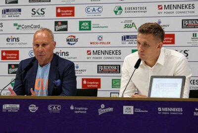 Videokonferenz statt Krim-Besuch: FCE stellt Chefcoach vor - Helge Leonhardt und Aliaksei Shpileuski in der Pressekonferenz. Foto: Carsten Wagner
