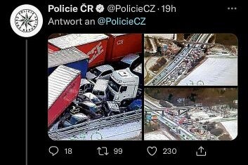 Vollsperrung nach Massencrash auf Autobahn in Tschechien - Twitter-Post der Polizei in Tschechien. Foto: Twitter/Polizei Tschechien