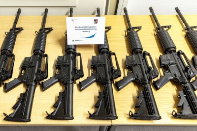 Waffendiebstahl am Güterbahnhof in Maschen - Sichergestellte Schusswaffen aus dem Diebstahl werden in Hamburg präsentiert.