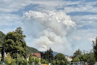 Waldbrand Sächsische Schweiz: Lage unter Kontrolle? Drohnenbilder klären auf - Kilometerhohe Rauchwolke vor einem Lidlparkplatz am Dienstag. Foto: Daniel Unger