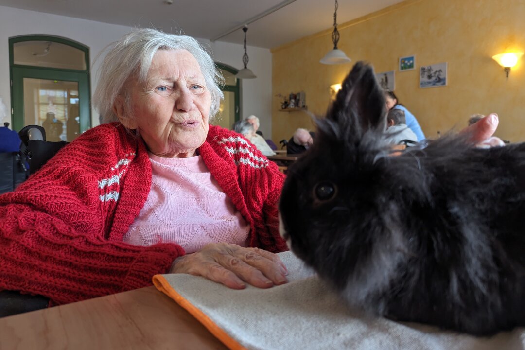 Frau Lehmann hat auf dem Tisch ein Kaninchen vor sich. 