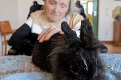 Die Bewohnerin Frau Bothe streichelt ein Kaninchen. 