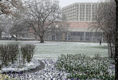 Wintereinbruch in Chemnitz: Auch der Nischel bekommt eine weiße Haube - Wintereinbruch im Chemnitzer Zentrum: Da bekommt sogar der Nischel wieder eine weiße Haube. Foto: Jan Härtel