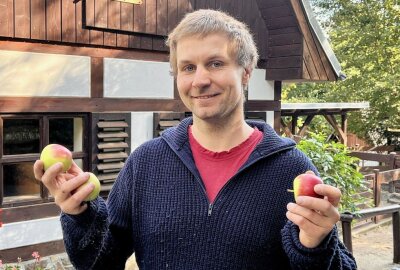 Zoo der Minis: Rosalie und Rudi sind Eltern geworden - Mit Äpfeln kann Zootierpfleger Peter Hömke den Minischweinen eine Freude machen. Foto: Ralf Wendland