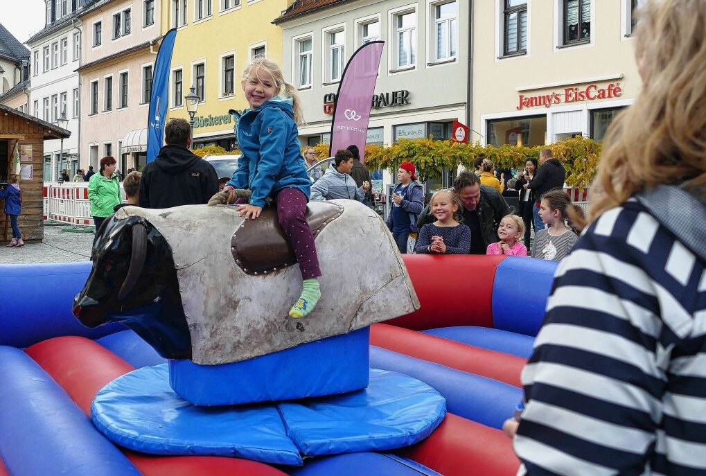 Zschopauer Gewerbeverein belebt die Innenstadt - Viele Kinder versuchten, sich beim Bullriding-Contest möglichst lange im Sattel zu halten. Foto: Andreas Bauer