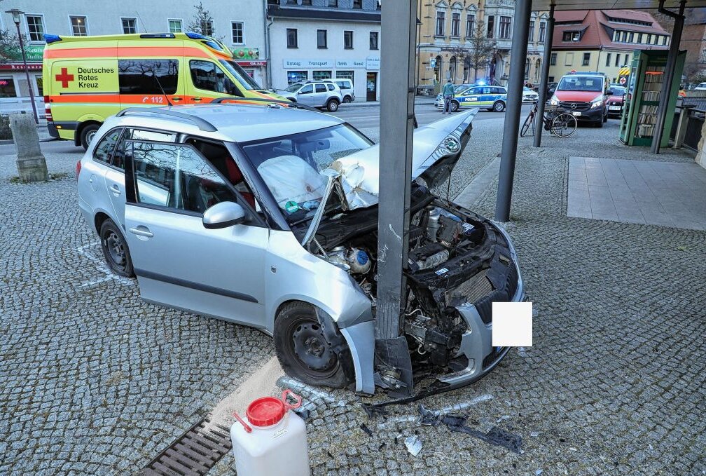 Das Fahrzeug kollidierte frontal mit einem Mast. Foto: Roland Halkasch