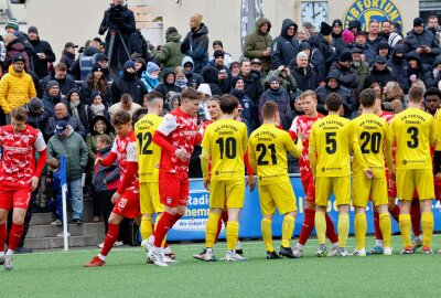 Zwickau zieht ins Sachsenpokal-Halbfinale ein! - Die Mannschaften begrüßen sich. Foto: Harry Härtel